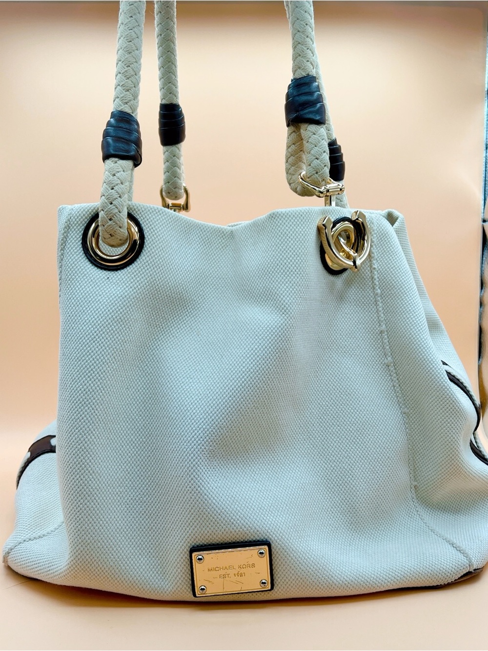 Michael Kors Cream Canvas Rope-Handle Tote with Gold-Tone Hardware